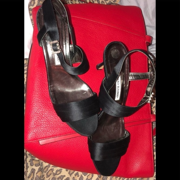 Manila Bkanik  size 10 black satin heels ankle strap with rhinestones 3” heel - Picture 4 of 15